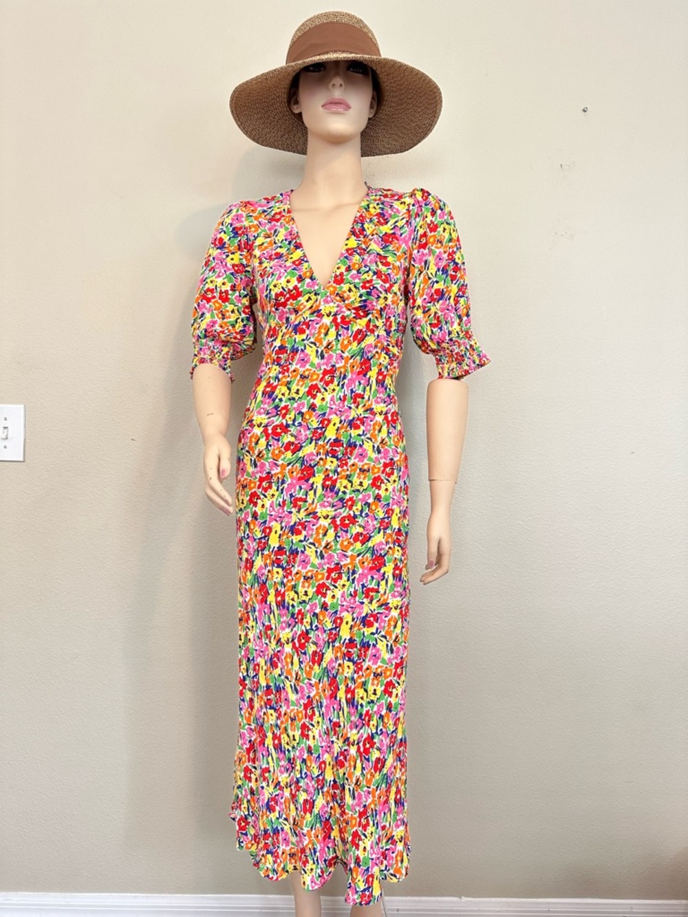 RIXO Multicolor Floral V-Neck Midi Dress Puff Sleeve